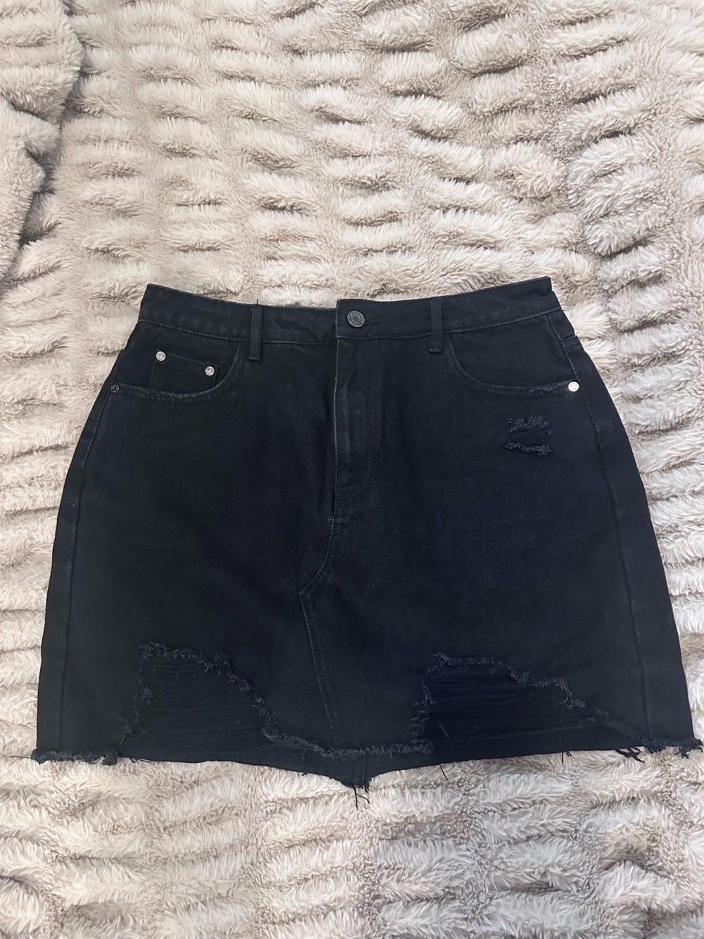 Missguided Black Distressed Denim Mini Skirt